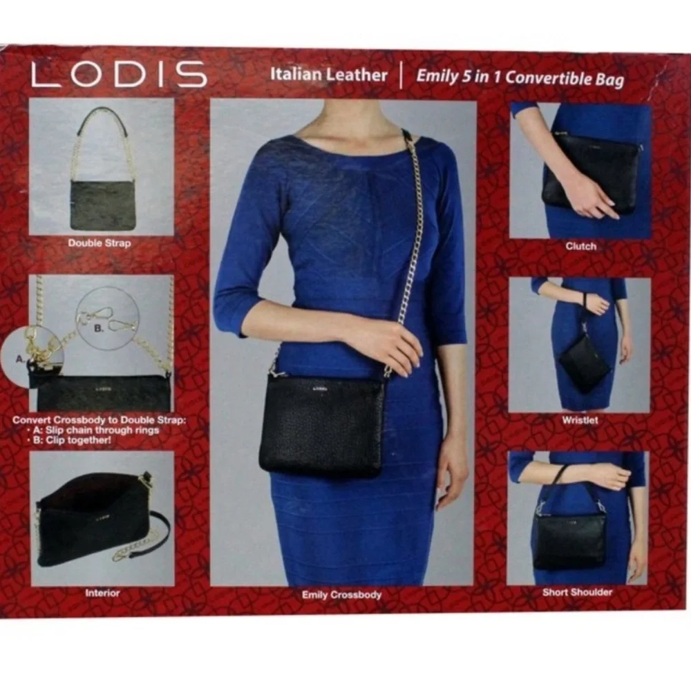 NEW Lodis Italian Black Pebbled Leather Emily Convertible Crossbody Bag Chain - Picture 2 of 7